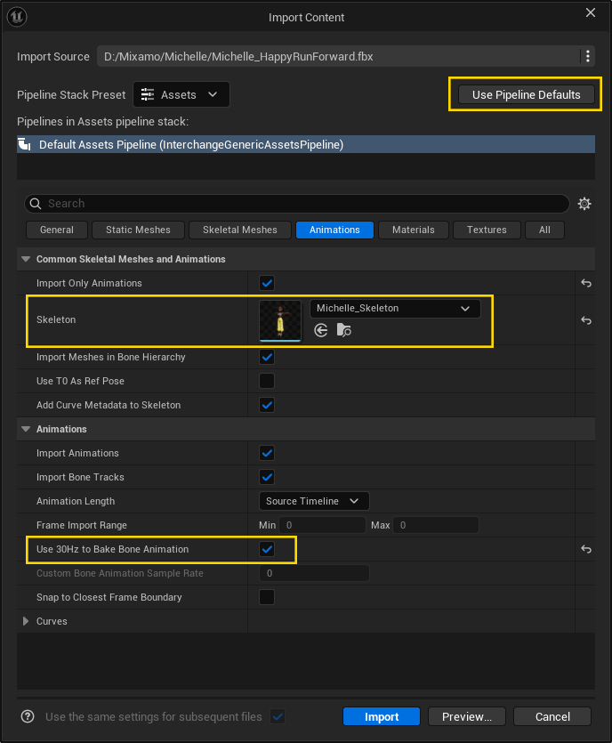 UE5 FBX Import Options for a Mixamo animation. Default settings, set Skeleton to the skeleton of the matching Mixamo character