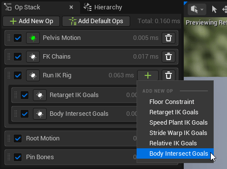 Adding the Body Intersect Goals retarget op