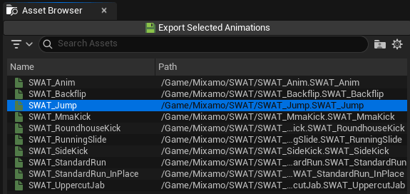 Select an animation in the Asset Browser